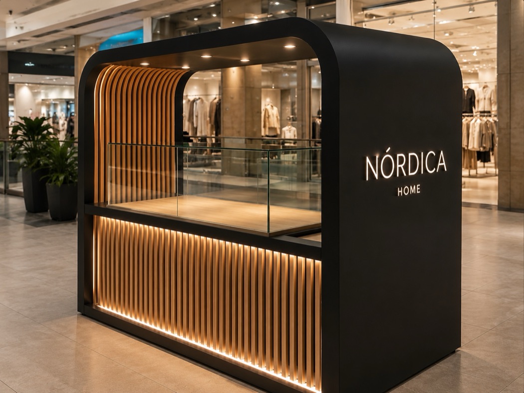 Módulo comercial en madera y negro, imagen conceptual del proceso de fabricación